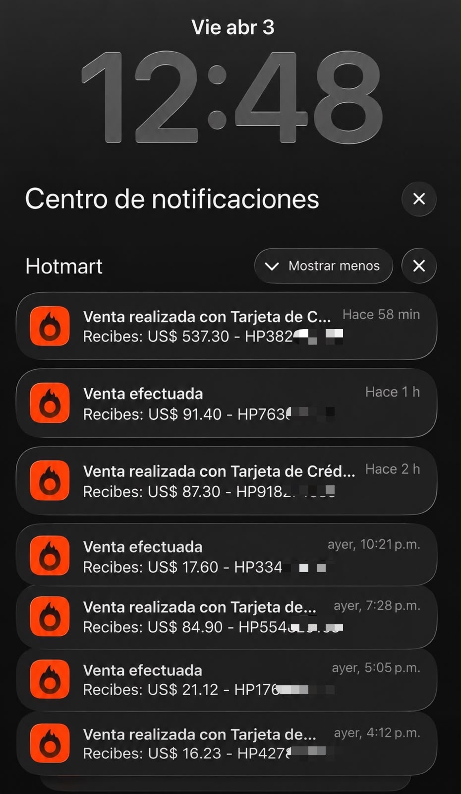 Centro de notificaciones de Hotmart mostrando ventas reales con tarjeta de crédito por US$ 537.30, US$ 91.40, US$ 87.30 y más